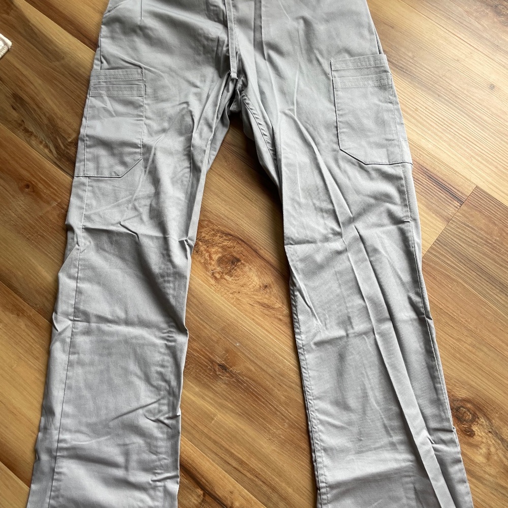 Gray scrub pants with drawstring waist